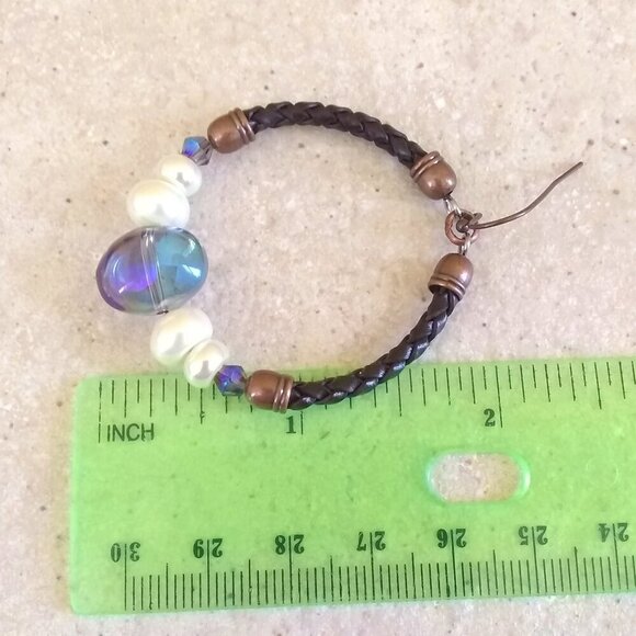Boho Leather Hoop Earrings with Crystals & Pearls | Handmade Rustic Chic Jewelry - Picture 7 of 12